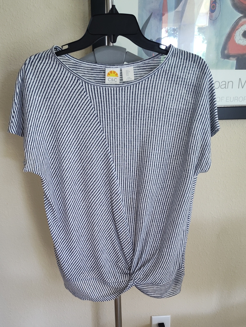 C&C California Striped Linen Knot Front Tee , Size L